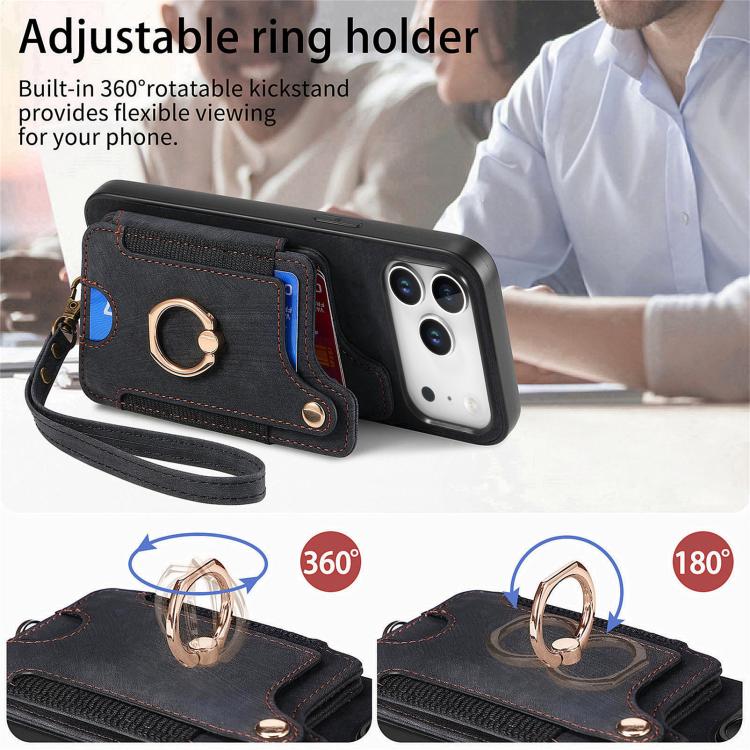 For iPhone 17 Pro Max Retro Skin-feel Ring Multi-card Wallet Phone Case