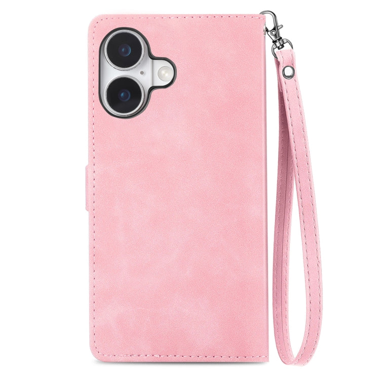 For iPhone 16 Embossed Flower Zipper Leather Phone Case