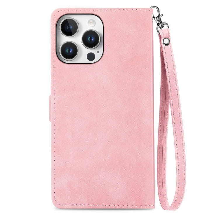 For iPhone 16 Pro Embossed Flower Zipper Leather Phone Case