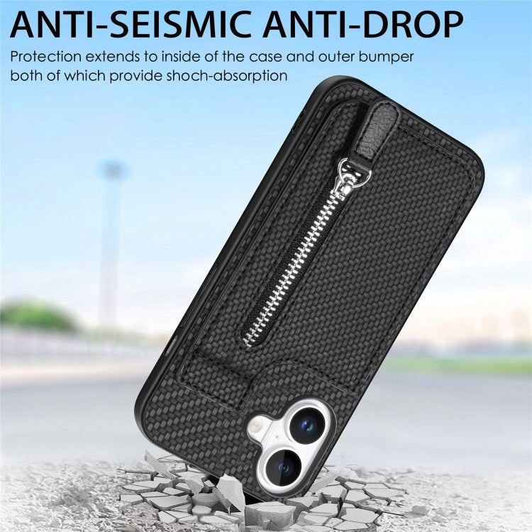 For iPhone 16 Carbon Fiber Vertical Flip Zipper Phone Case
