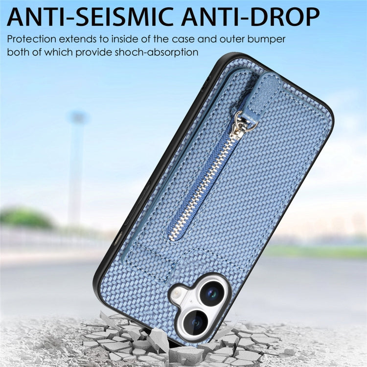 For iPhone 16 Carbon Fiber Vertical Flip Zipper Phone Case