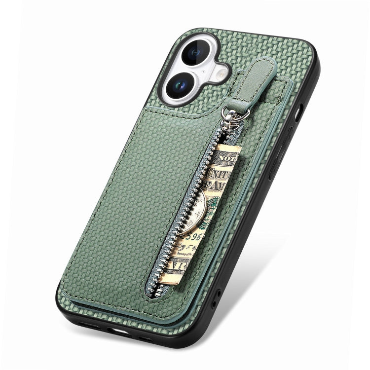 For iPhone 16 Carbon Fiber Vertical Flip Zipper Phone Case