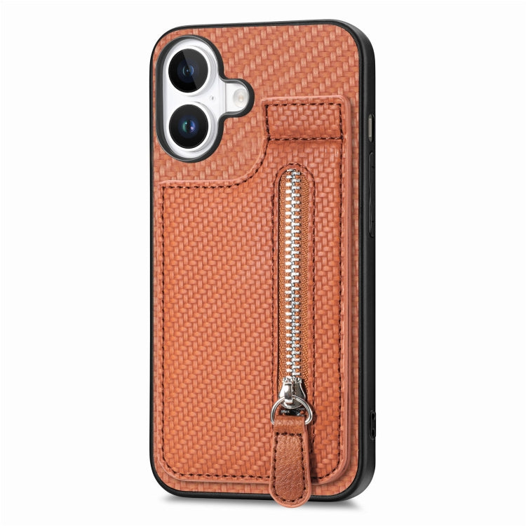 For iPhone 16 Carbon Fiber Vertical Flip Zipper Phone Case