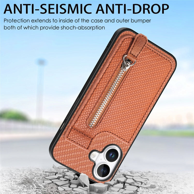 For iPhone 16 Carbon Fiber Vertical Flip Zipper Phone Case