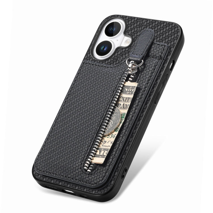 For iPhone 16 Plus Carbon Fiber Vertical Flip Zipper Phone Case