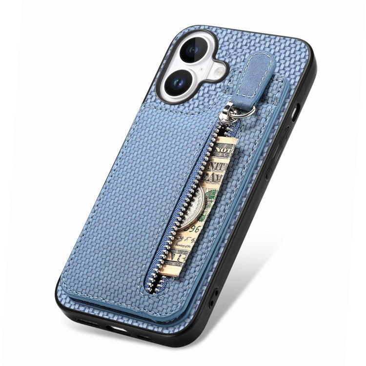 For iPhone 16 Plus Carbon Fiber Vertical Flip Zipper Phone Case