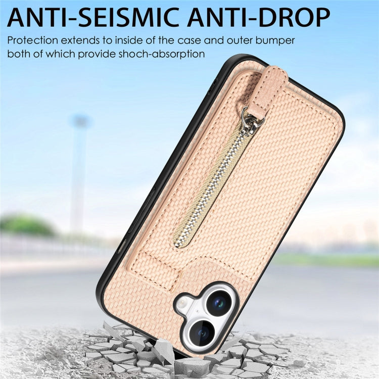 For iPhone 16 Plus Carbon Fiber Vertical Flip Zipper Phone Case