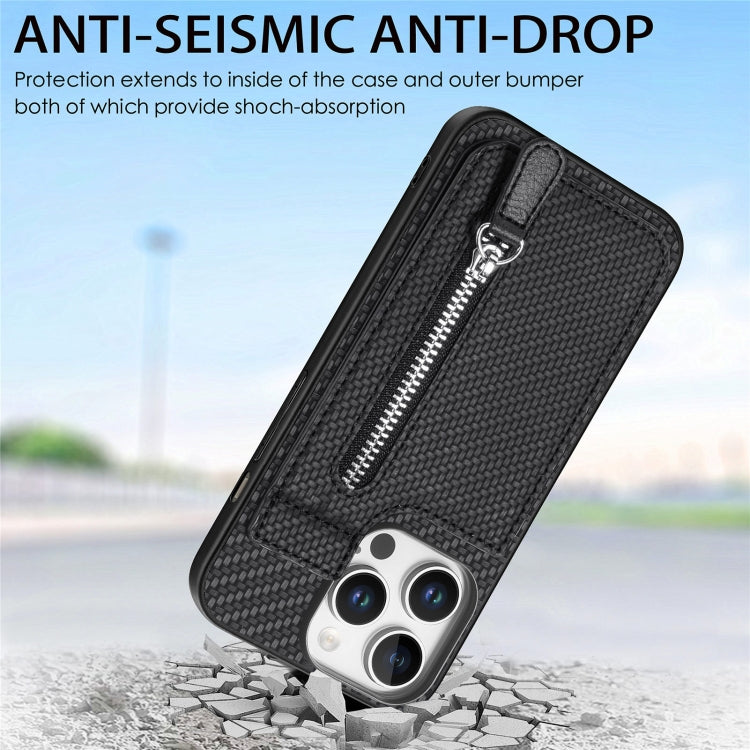 For iPhone 16 Pro Carbon Fiber Vertical Flip Zipper Phone Case