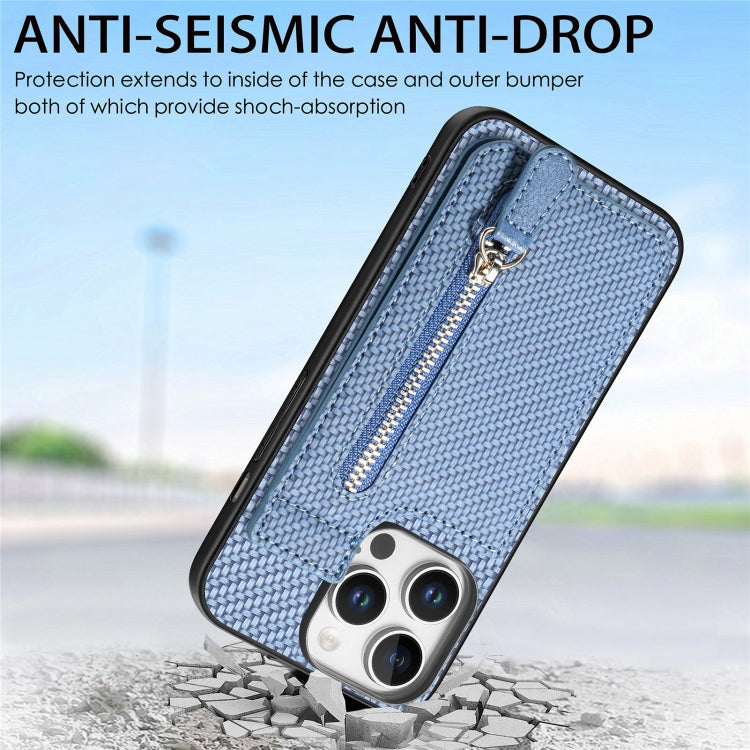 For iPhone 16 Pro Carbon Fiber Vertical Flip Zipper Phone Case