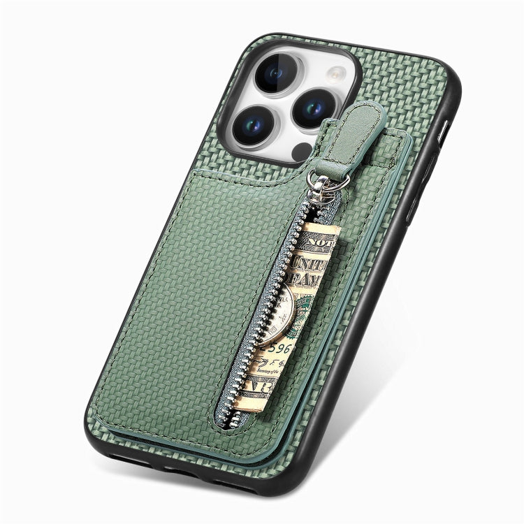 For iPhone 16 Pro Carbon Fiber Vertical Flip Zipper Phone Case