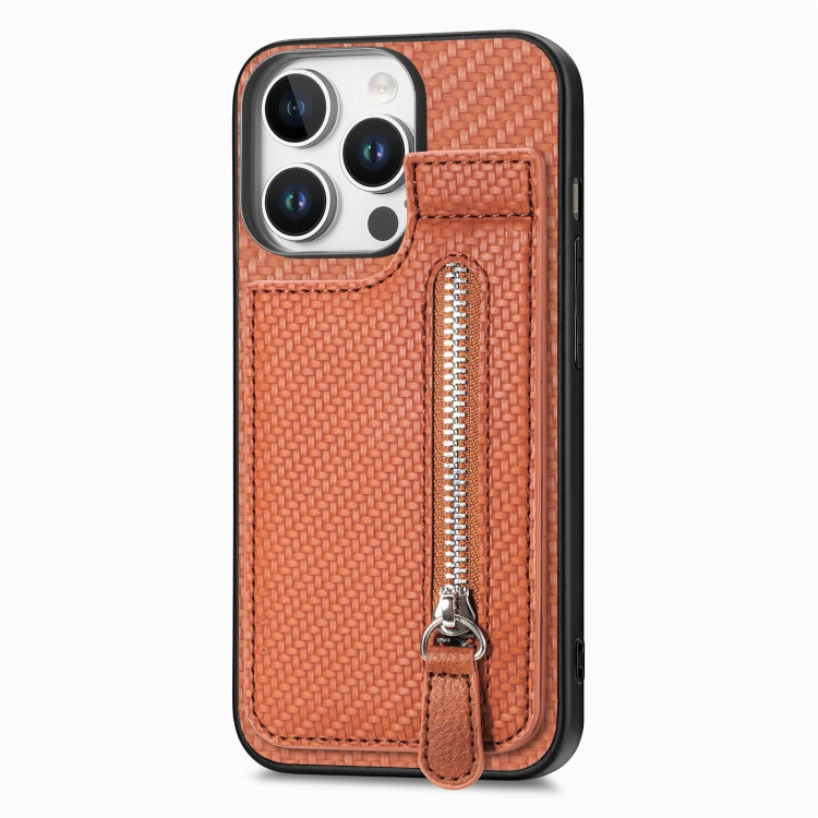 For iPhone 16 Pro Carbon Fiber Vertical Flip Zipper Phone Case