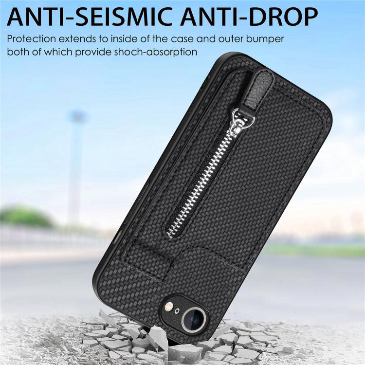 For iPhone 17e / 16e Carbon Fiber Vertical Flip Zipper Phone Case