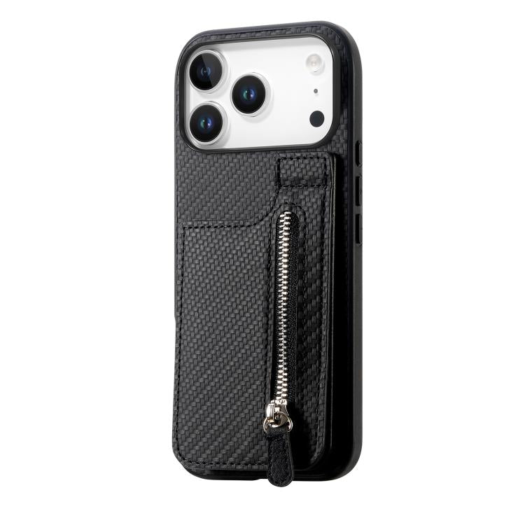 For iPhone 17 Pro Max Carbon Fiber Vertical Flip Zipper Phone Case