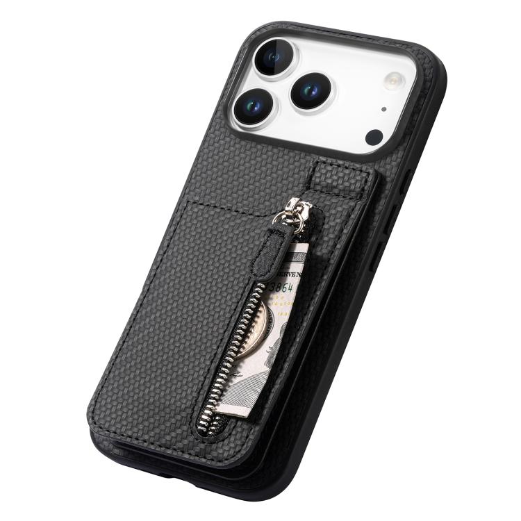 For iPhone 17 Pro Max Carbon Fiber Vertical Flip Zipper Phone Case