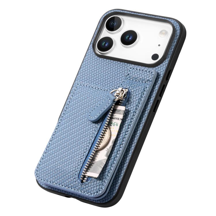 For iPhone 17 Pro Max Carbon Fiber Vertical Flip Zipper Phone Case