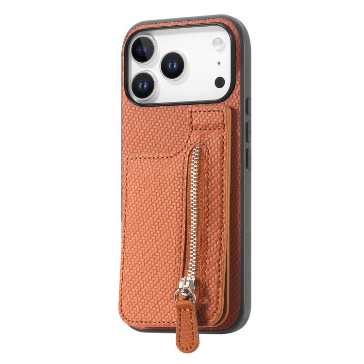 For iPhone 17 Pro Max Carbon Fiber Vertical Flip Zipper Phone Case