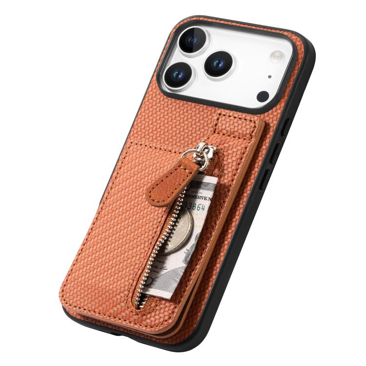For iPhone 17 Pro Max Carbon Fiber Vertical Flip Zipper Phone Case