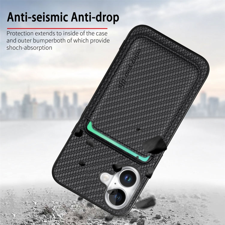 For iPhone 16 Plus Carbon Fiber Leather Card Magsafe Phone Case