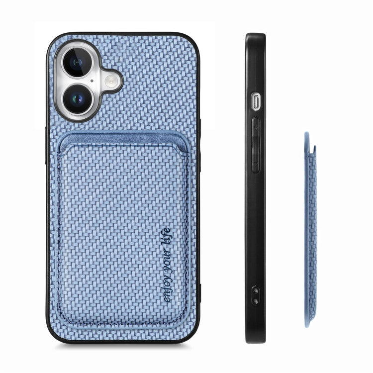 For iPhone 16 Plus Carbon Fiber Leather Card Magsafe Phone Case