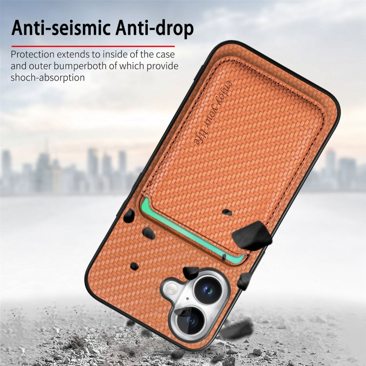 For iPhone 16 Plus Carbon Fiber Leather Card Magsafe Phone Case