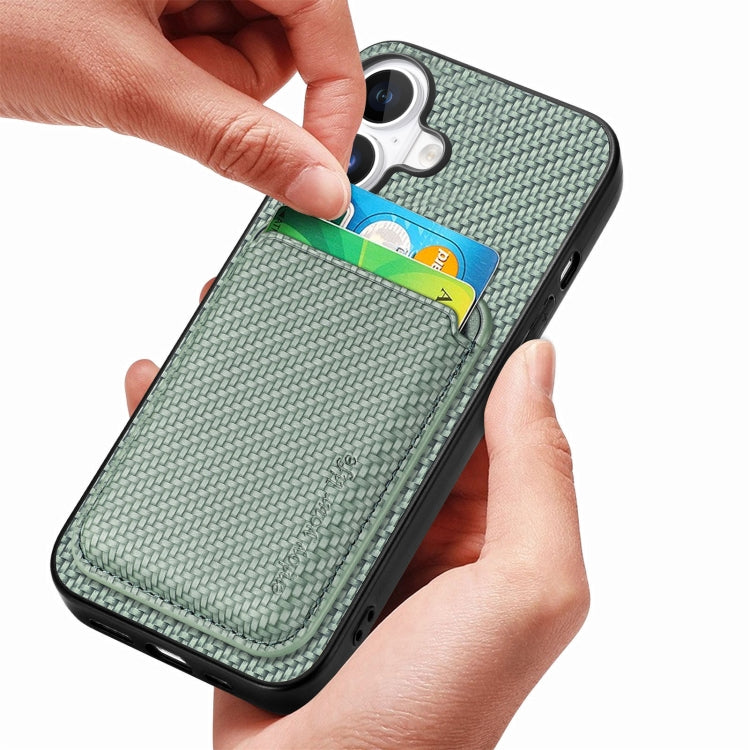 For iPhone 16 Plus Carbon Fiber Leather Card Magsafe Phone Case
