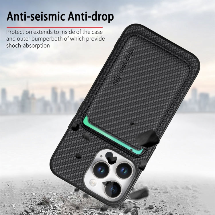 For iPhone 16 Pro Max Carbon Fiber Leather Card Magsafe Phone Case