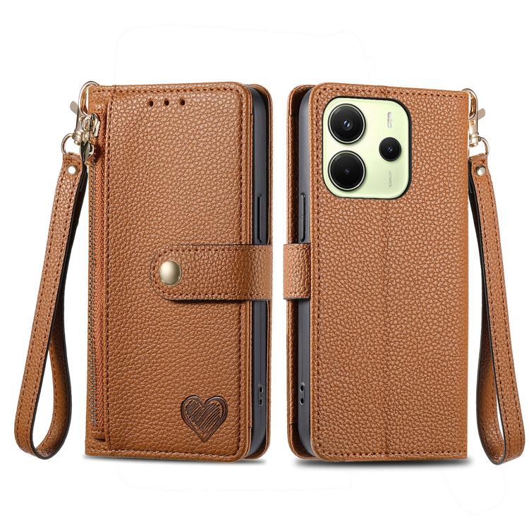 For Redmi Note 14 4G 163.25mm Love Zipper Lanyard Leather Phone Case
