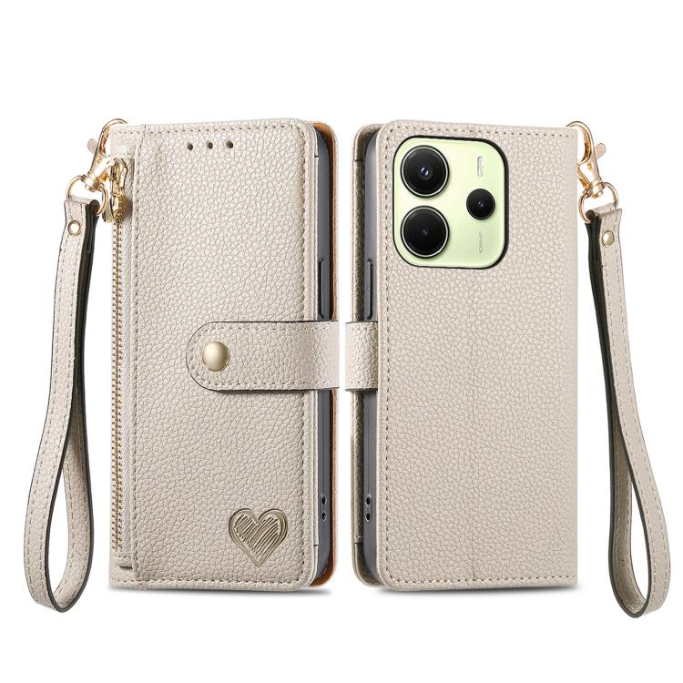 For Redmi Note 14 4G 163.25mm Love Zipper Lanyard Leather Phone Case