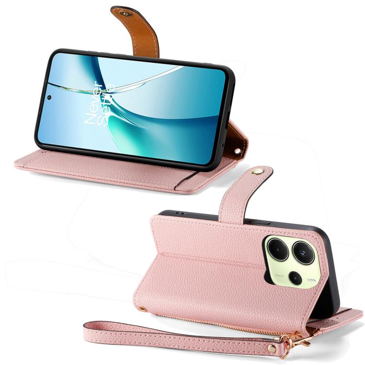 For Redmi Note 14 4G 163.25mm Love Zipper Lanyard Leather Phone Case