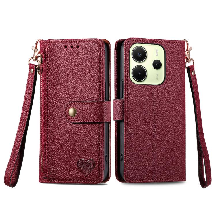 For Redmi Note 14 4G 163.25mm Love Zipper Lanyard Leather Phone Case