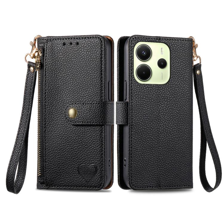 For Redmi Note 14 4G 164.84mm Love Zipper Lanyard Leather Phone Case