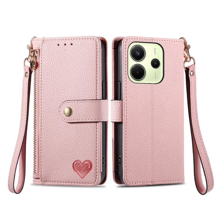 For Redmi Note 14 4G 164.84mm Love Zipper Lanyard Leather Phone Case