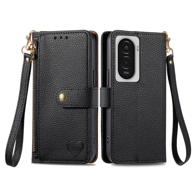 For Xiaomi Poco M7 4G 169mm Love Zipper Lanyard Leather Phone Case
