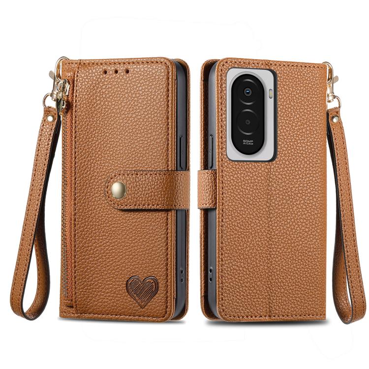 For Xiaomi Poco M7 4G 169mm Love Zipper Lanyard Leather Phone Case