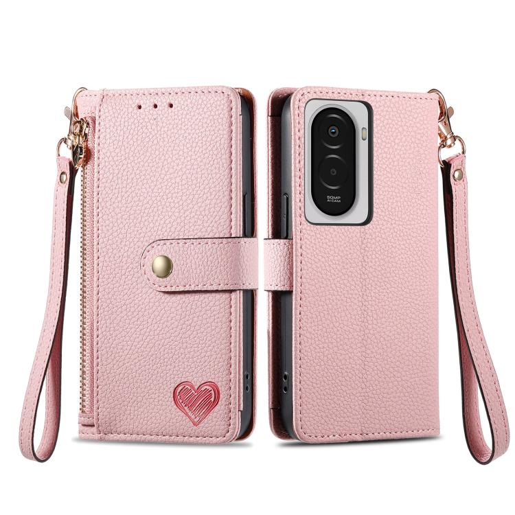 For Xiaomi Poco M7 4G 169mm Love Zipper Lanyard Leather Phone Case