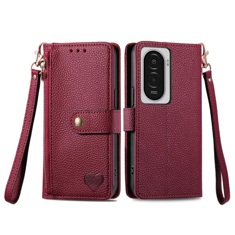For Xiaomi Poco M7 4G 169mm Love Zipper Lanyard Leather Phone Case