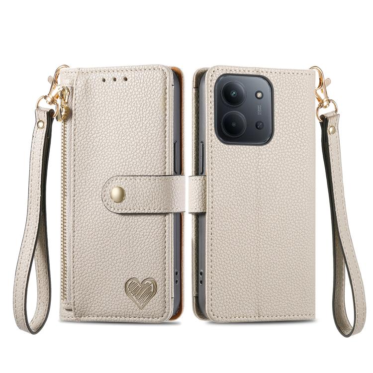 For Redmi 15C 5G / 4G Glodal 171mm Love Zipper Lanyard Leather Phone Case