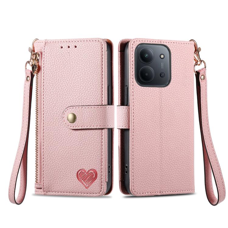 For Redmi 15C 5G / 4G Glodal 171mm Love Zipper Lanyard Leather Phone Case