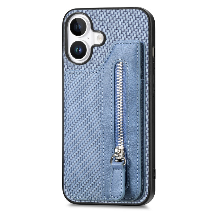 For iPhone 16 Carbon Fiber Horizontal Flip Zipper Wallet Phone Case