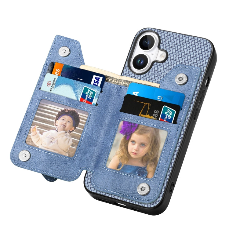 For iPhone 16 Carbon Fiber Horizontal Flip Zipper Wallet Phone Case