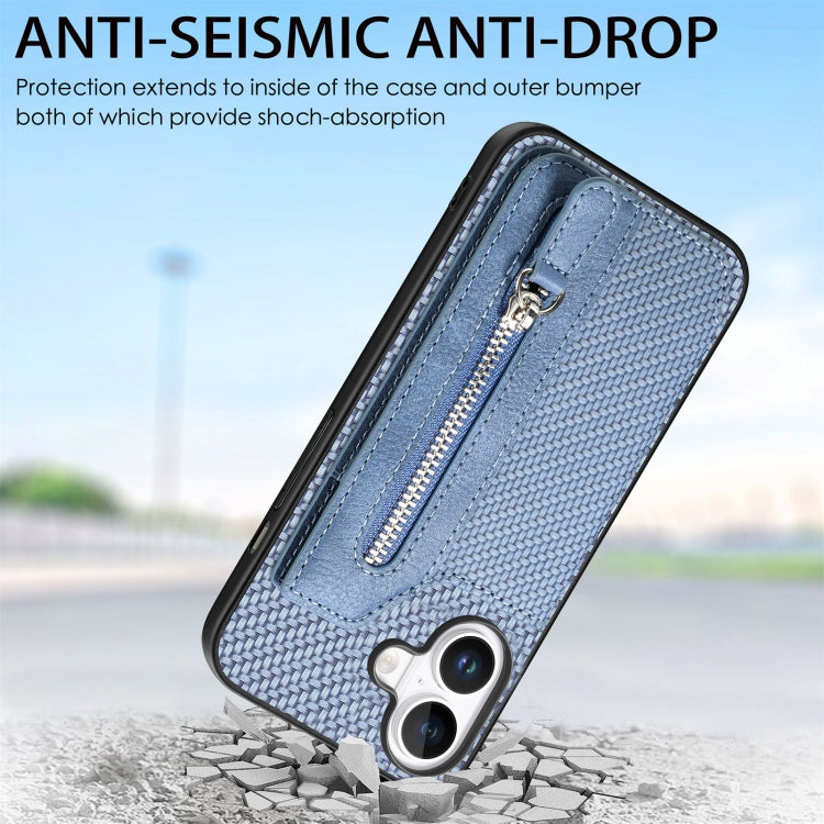 For iPhone 16 Carbon Fiber Horizontal Flip Zipper Wallet Phone Case