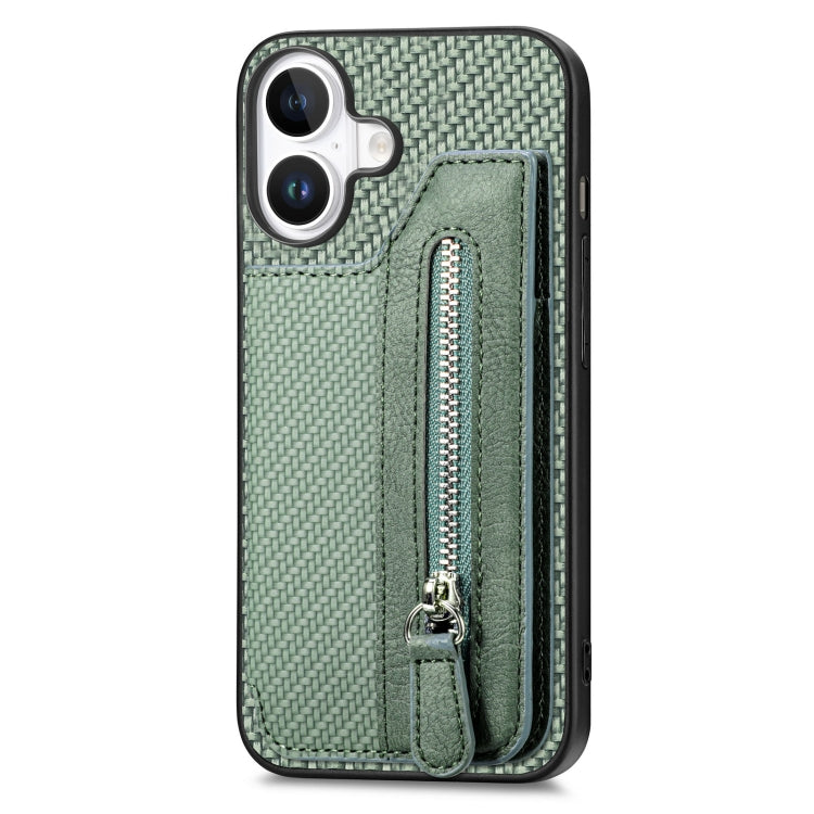 For iPhone 16 Carbon Fiber Horizontal Flip Zipper Wallet Phone Case