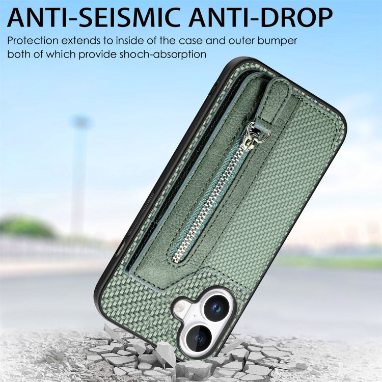 For iPhone 16 Carbon Fiber Horizontal Flip Zipper Wallet Phone Case