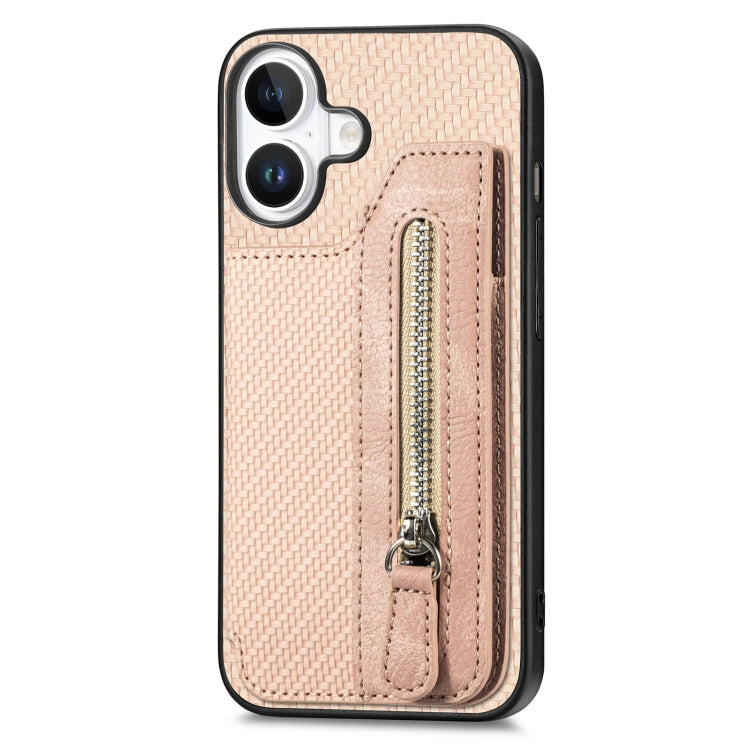 For iPhone 16 Carbon Fiber Horizontal Flip Zipper Wallet Phone Case