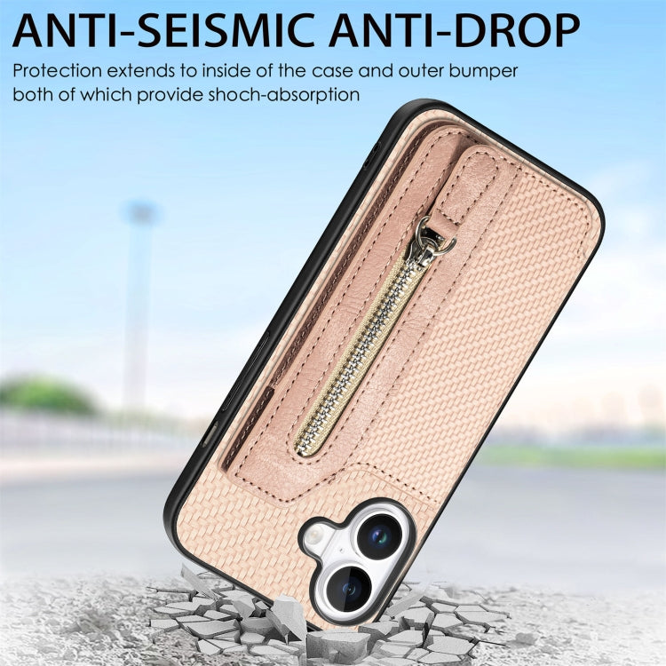 For iPhone 16 Carbon Fiber Horizontal Flip Zipper Wallet Phone Case