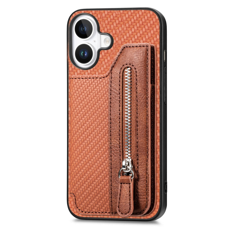 For iPhone 16 Carbon Fiber Horizontal Flip Zipper Wallet Phone Case