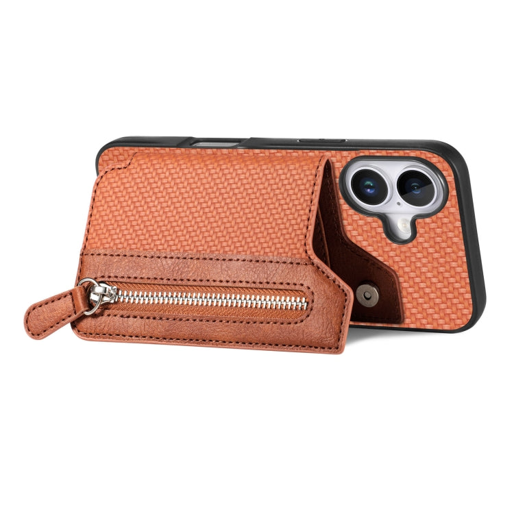 For iPhone 16 Carbon Fiber Horizontal Flip Zipper Wallet Phone Case