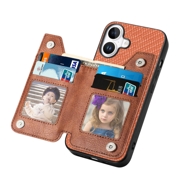 For iPhone 16 Carbon Fiber Horizontal Flip Zipper Wallet Phone Case