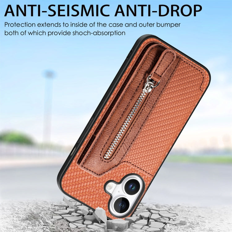 For iPhone 16 Carbon Fiber Horizontal Flip Zipper Wallet Phone Case