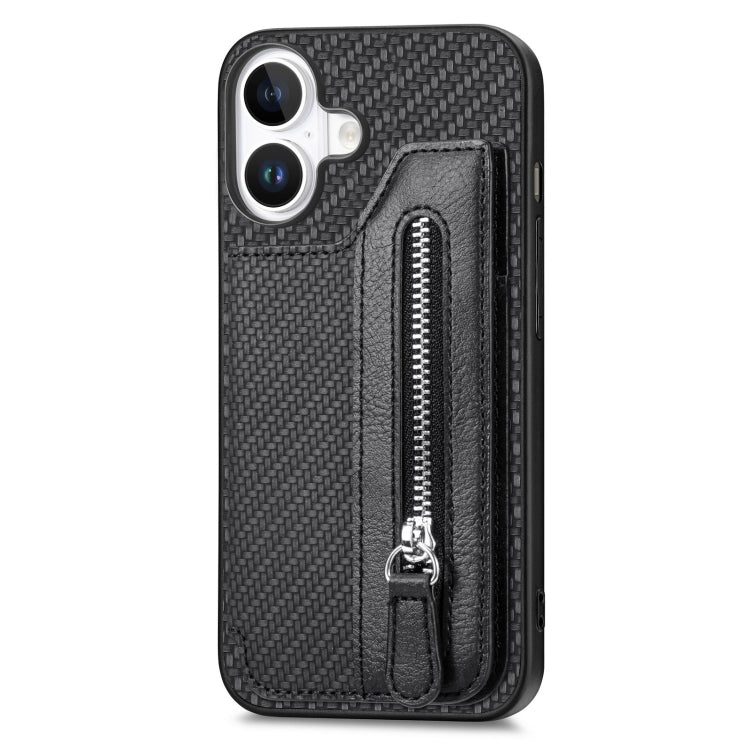 For iPhone 16 Plus Carbon Fiber Horizontal Flip Zipper Wallet Phone Case